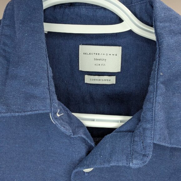 Selected Homme Identity Slim Fit Button Down Shirt Navy Blue Size Small - Picture 3 of 3